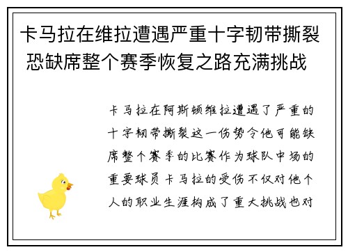 卡马拉在维拉遭遇严重十字韧带撕裂 恐缺席整个赛季恢复之路充满挑战 卡马拉在维拉遭遇严重十字韧带撕裂 恐缺席整个赛季恢复之路充满挑战