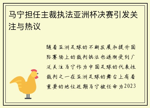 马宁担任主裁执法亚洲杯决赛引发关注与热议
